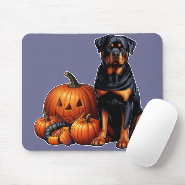 Mousepad Rottweiler Cachorro sentado no Halloween Pumpkins (Com mouse)