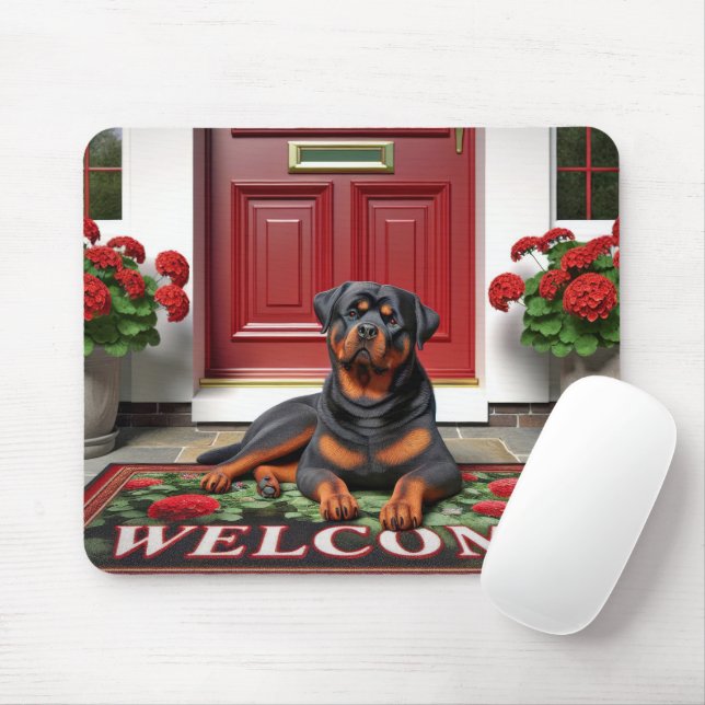 Mousepad Rottweiler em uma porta de boas-vindas (Com mouse)