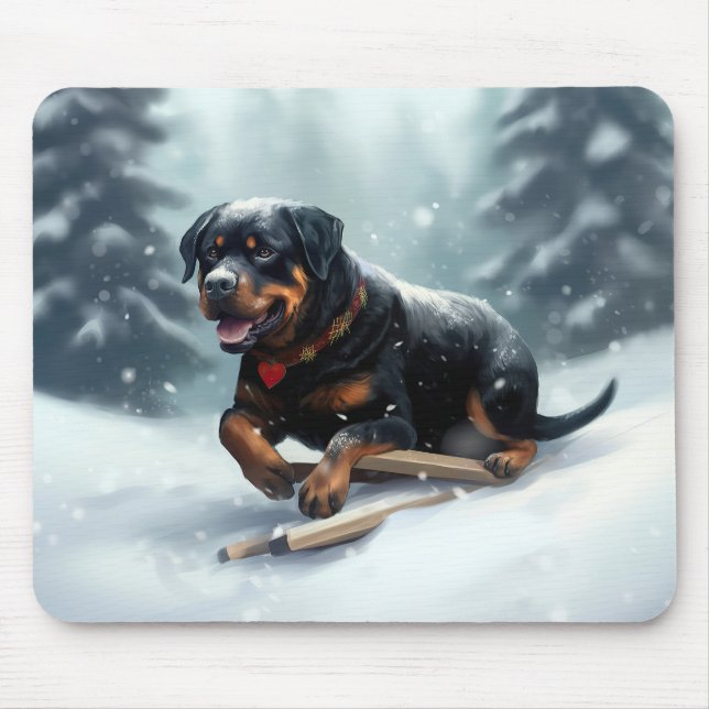 Mousepad Rottweiler Natal neve inverno Almofada de Arremess (Frente)