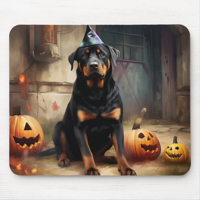Mousepad Rottweiler Pumpkins Halloween Assustado (Frente)