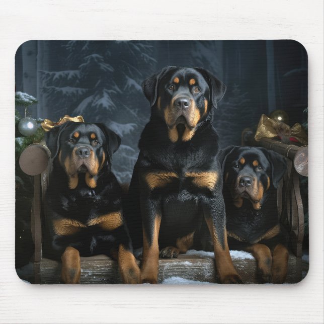 Mousepad Rottweiler Snowy Sleigh Decência de Natal (Frente)