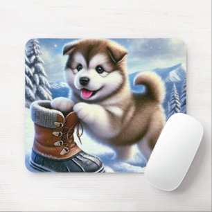 Mousepad Rouco bonito brincando na paisagem de inverno de n