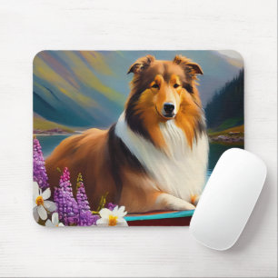 Mousepad Rough Collie em uma Canoa: Uma Aventura Cênica