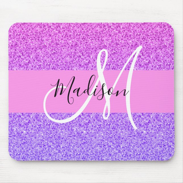 Mousepad Roxo Rosa Glitter Faísca Gradiente Monograma (Frente)