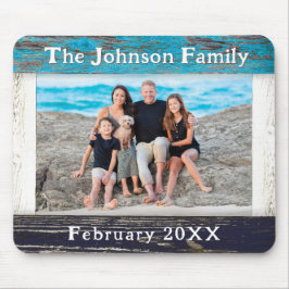 Mousepad Rustic Blue Wood Frame Family Name Photo