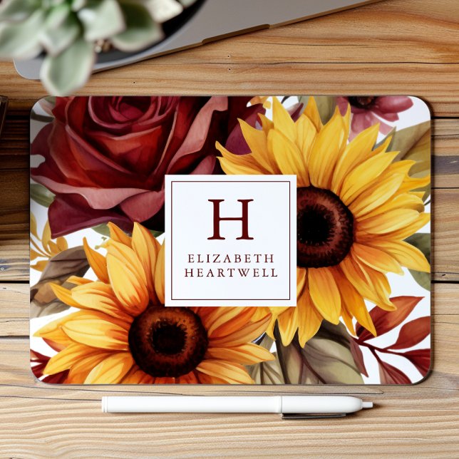 Mousepad Rústico Floral Sunflower Burgundy Monograma (Criador carregado)