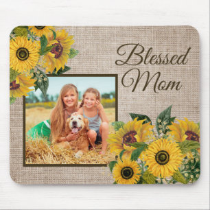 Mousepad Rústico Girassóis Amarelos Burlap Abençoado Foto d
