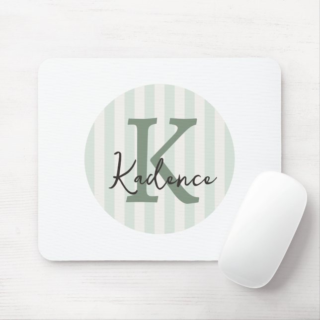 Mousepad Sage Green Charcoal Custom Striped Circle Monogram (Com mouse)