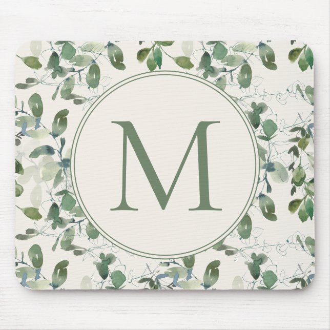Mousepad Sage Green Eucalyptus deixa creme monograma (Frente)