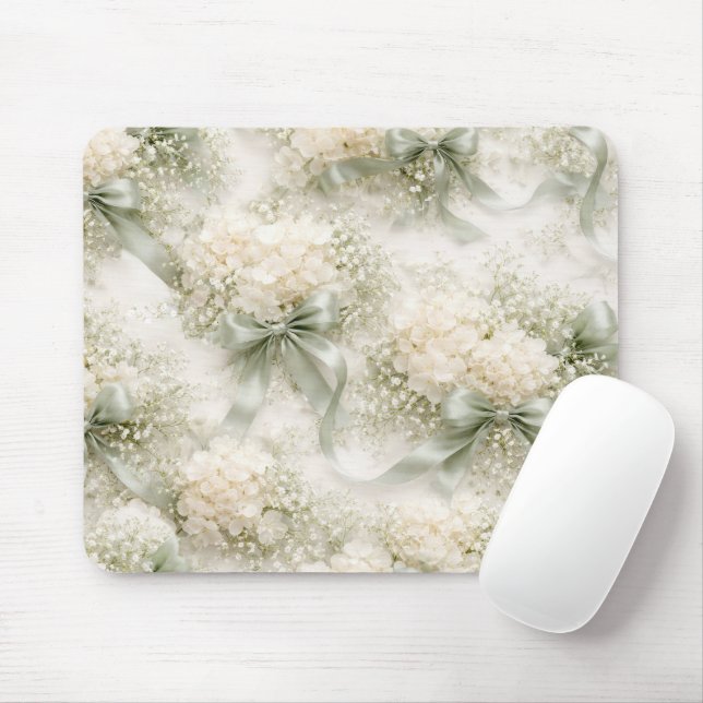 Mousepad Sage Green Wedding Bows and Hydrangea Flowers (Com mouse)