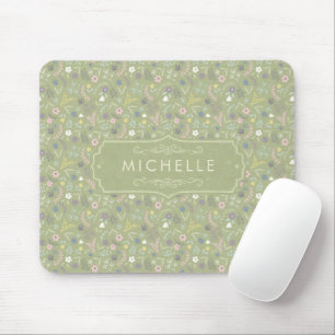 Mousepad Sage Verde Flores Rosa Branco Padrão Floral Boho