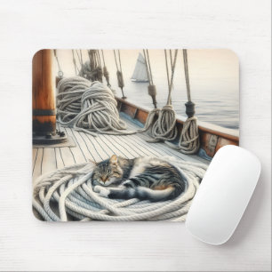 Mousepad Sailboat Tabby Cat Dormindo em Cabos