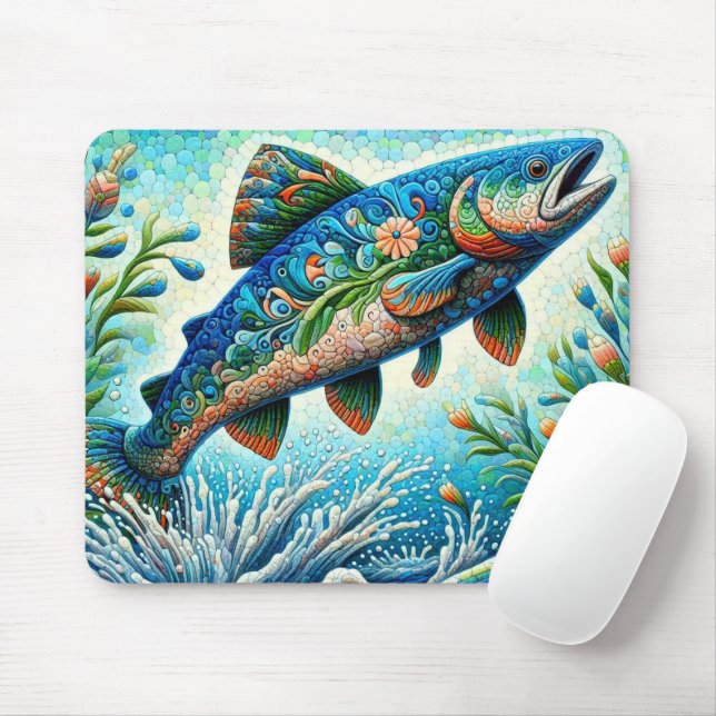 Mousepad Salmão Jumping Mosaico Floral Azul Pêssego Verde (Com mouse)