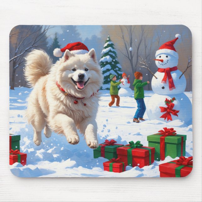 Mousepad Samoyed Correndo na Neve com Chapéu de Natal (Frente)