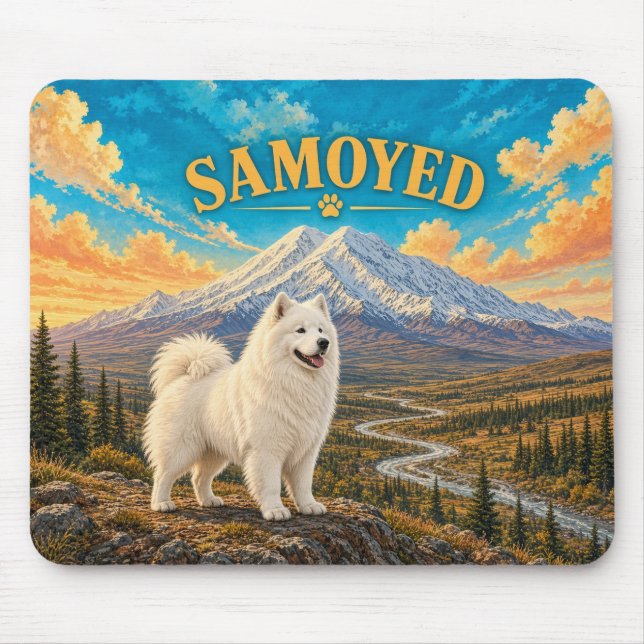 Mousepad Samoyed, Declive de Denali Aquarela Vintage (Frente)