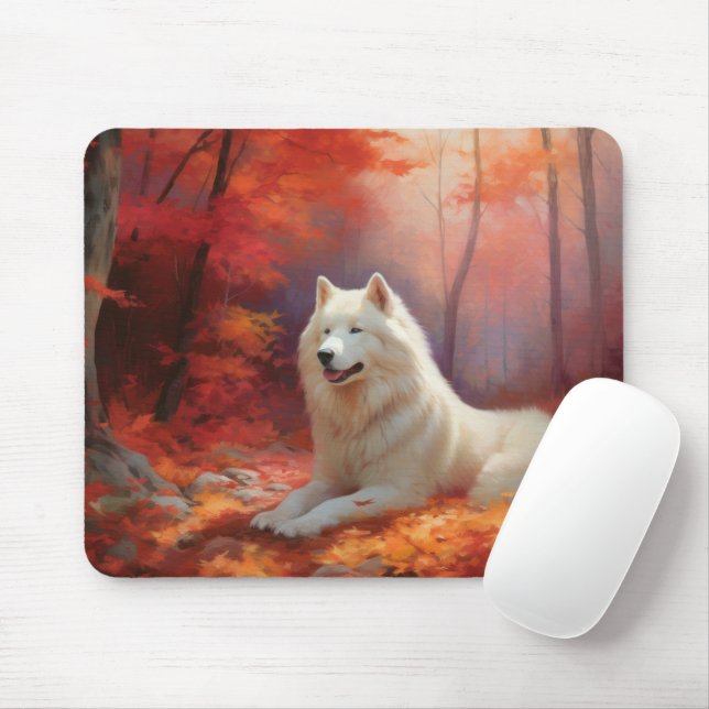 Mousepad Samoyed nas Folhas de Outono Caem Inspiração (Com mouse)
