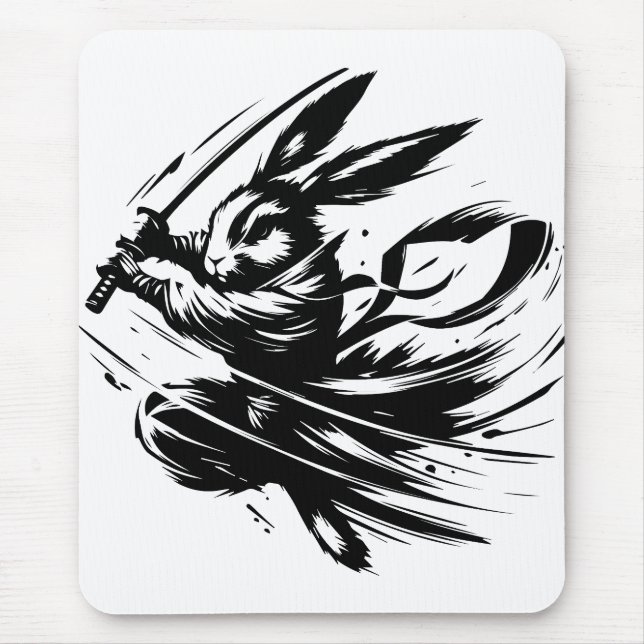 Mousepad Samurai Bunny Black Ink Warrior Rabbit (Frente)