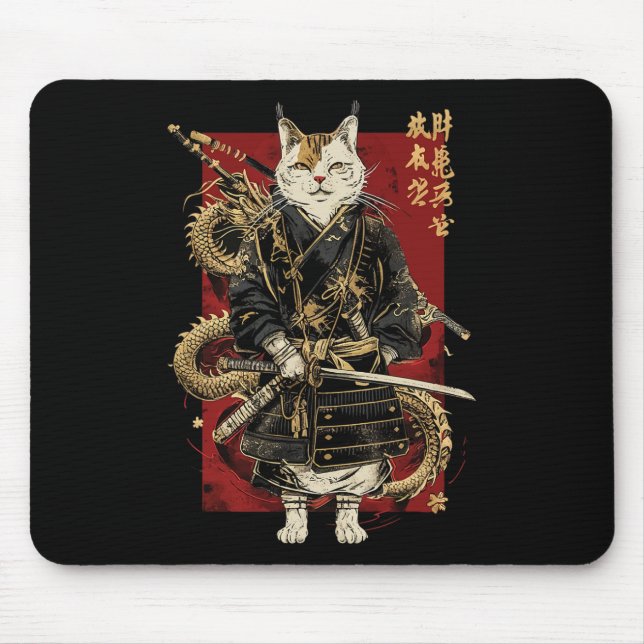 Mousepad Samurai Cat Com Dragão Japonês Kanji (Frente)