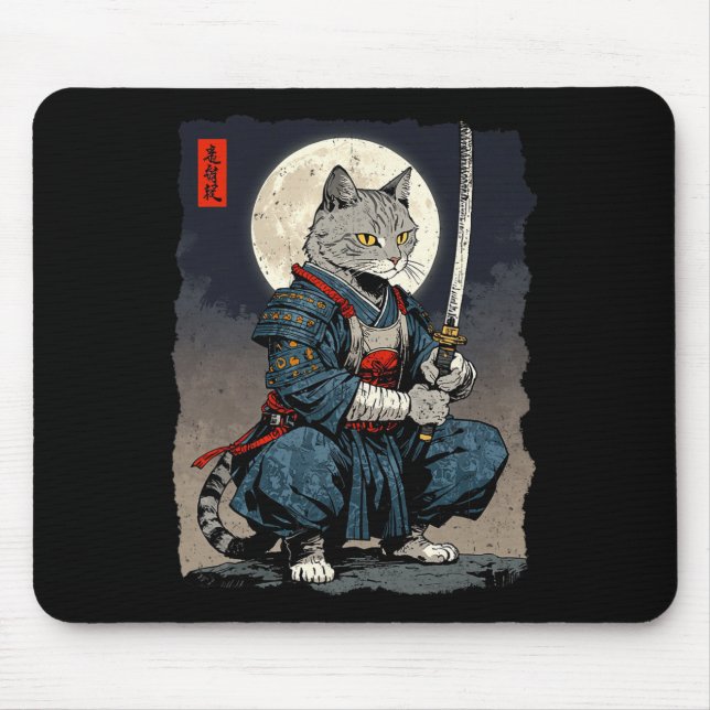 Mousepad Samurai Cat. Gato Retro Japonês Gato Lua Ukiyo- (Frente)