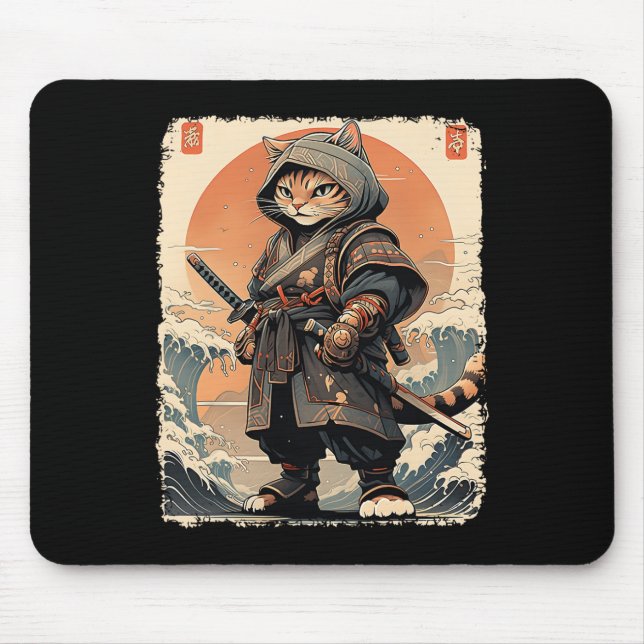 Mousepad Samurai Cat Katana Cheio Guerreiro Guerreiro do Ex (Frente)