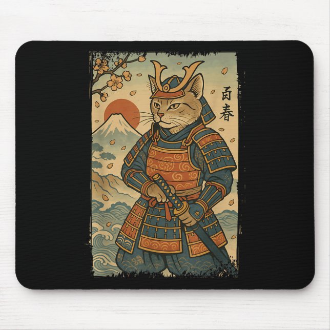 Mousepad Samurai Cat Warrior Japonês Ukiyo-e Trabalho de ar (Frente)