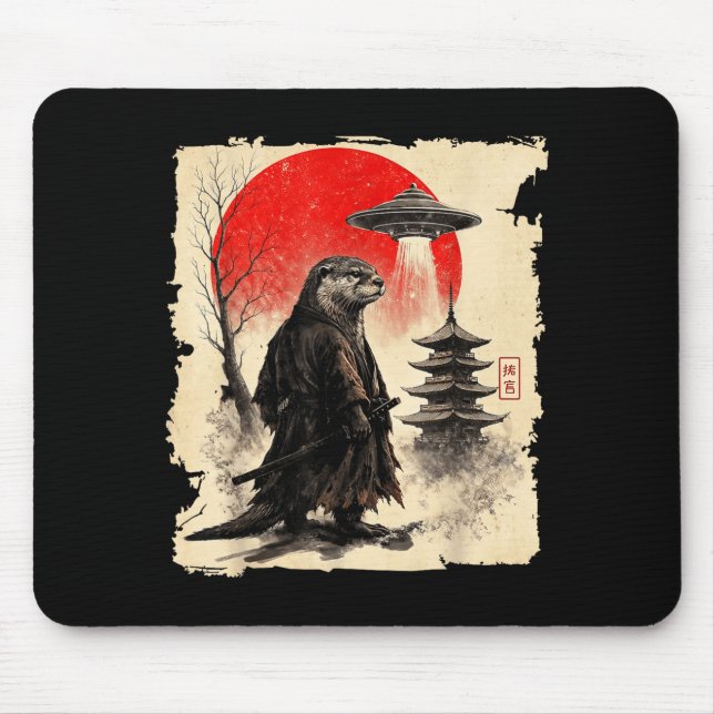 Mousepad Samurai de Lontra Ufo Retro Arte Japonês Gráfico (Frente)