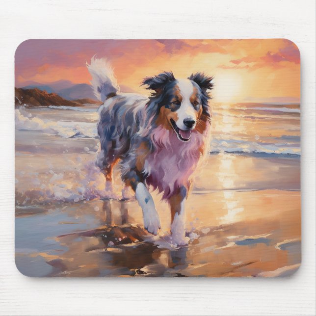 Mousepad Sandy Australian Shepherd Dog on Beach Sunset (Frente)
