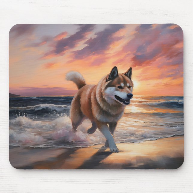 Mousepad Sandy Paws Akita Dog em Beach Sunset (Frente)