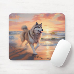 Mousepad Sandy Paws Alaskan Malamute Dog em Beach Sunset