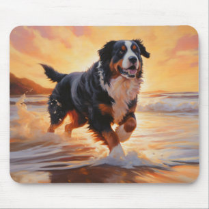 Mousepad Sandy Paws Bernese Mountain Dog em Beach Sunset