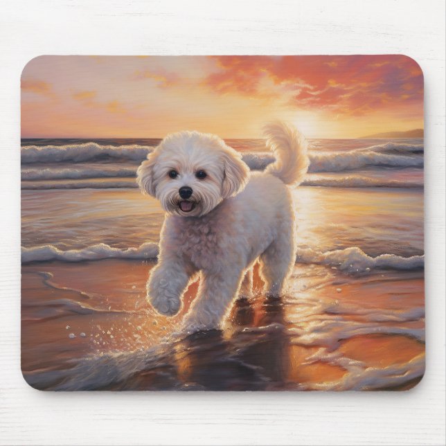 Mousepad Sandy Paws Bichon Frise Dog em Beach Sunset (Frente)