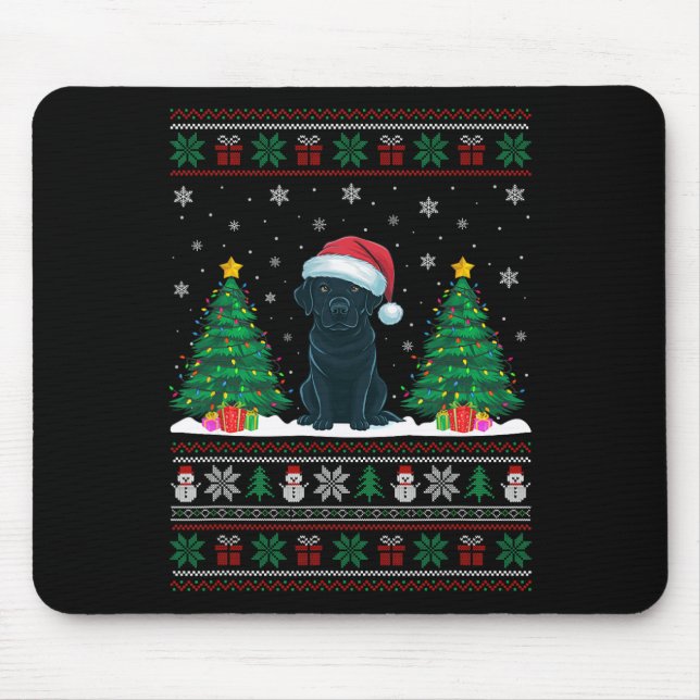 Mousepad Santa Hat Black Labrador Dog Xmas Tree Luzes Feias (Frente)