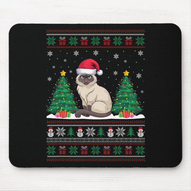 Mousepad Santa Hat Siamese Cat Árvore de Natal Luzes Feias (Frente)