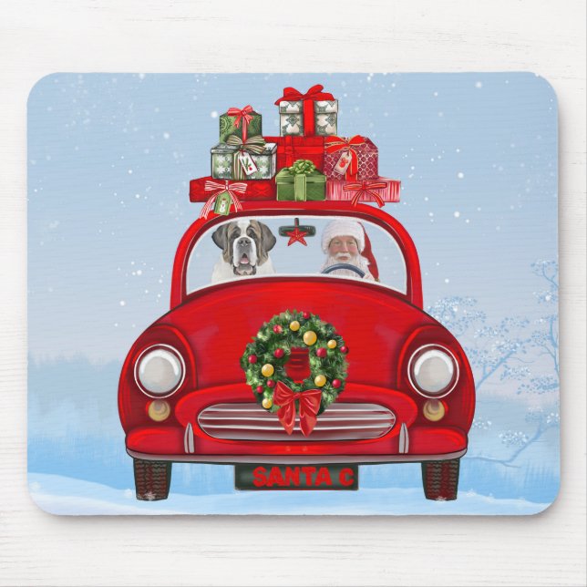 Mousepad Santo Bernard Dog No Carro Com Papai Noel (Frente)
