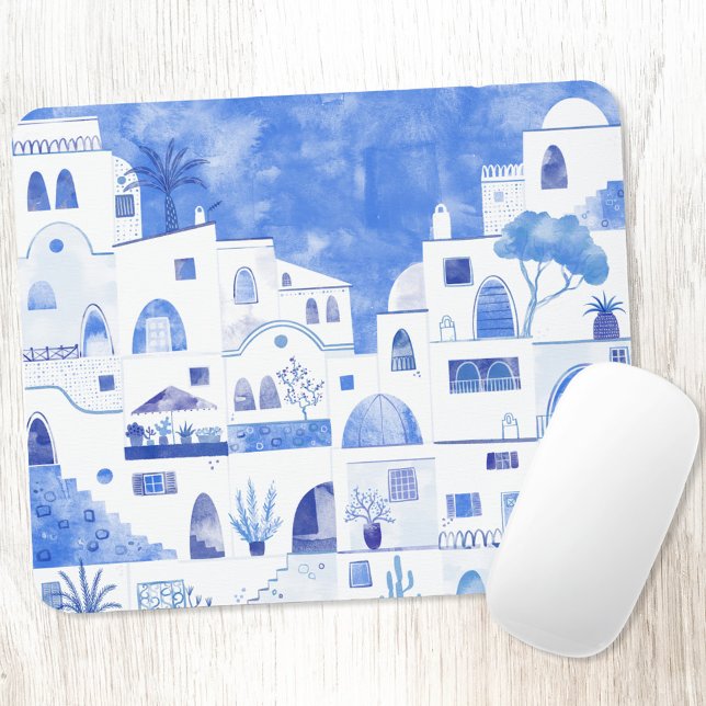 Mousepad Santorini Grécia Watercolor (Santorini Greek Island blue and white watercolor painting on a mouse mat)