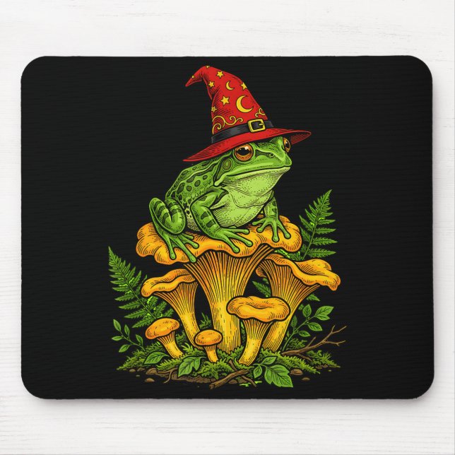 Mousepad Sapo bruxa sentado em cogumelos halloween magia (Frente)