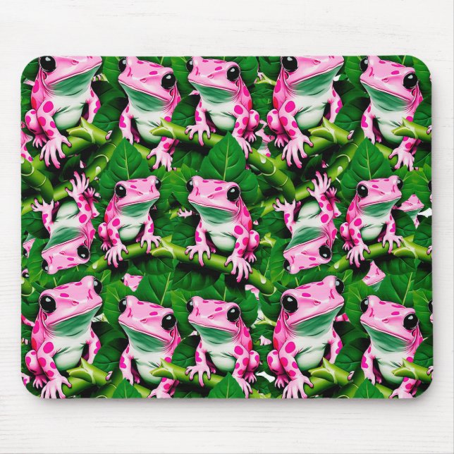 Mousepad Sapo Rosa no Design de Padrão de Folha Verde  (Frente)