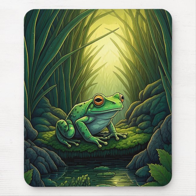 Mousepad Sapo Verde Enfeitiçado em uma Floresta (Frente)