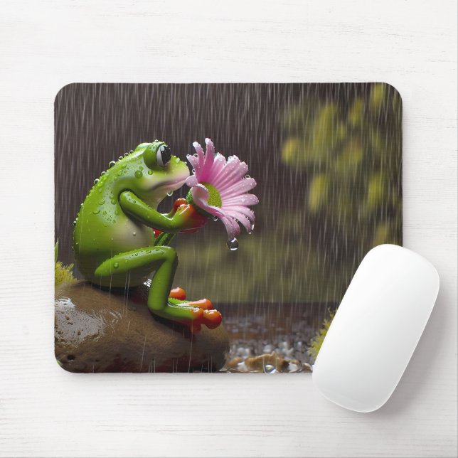 Mousepad Sapo Verde Segurando uma margarida rosa (Com mouse)