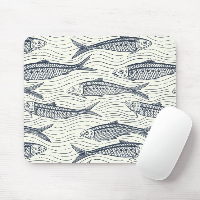 Mousepad Sardinhas em Movimento em azul marinho e marfim (Com mouse)