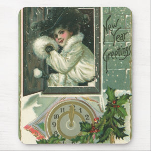 Mousepad Saudações de Ano Novo Vintage, Garota Vitoriana na