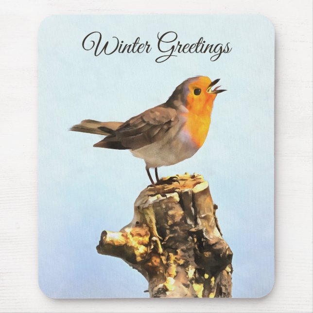 Mousepad Saudações de Inverno. Robin cantando  (Frente)