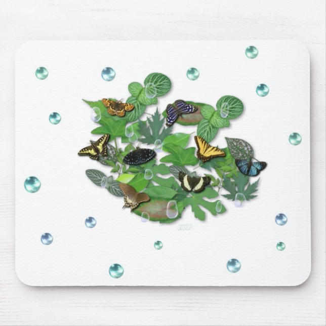 Mousepad Schmetterlinge mit Blätter, Regentropfen, Perlen (Frente)