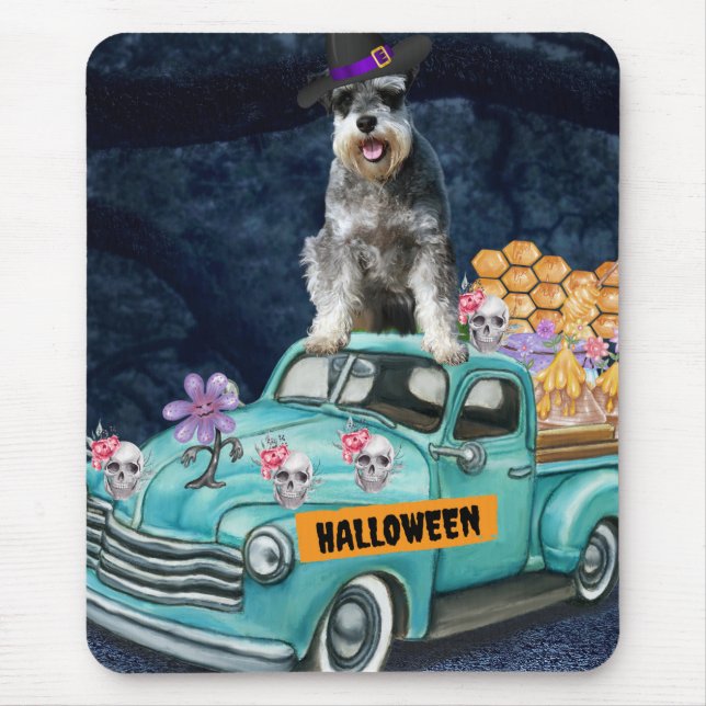 Mousepad Schnauzer Cão Halloween Truck Noite Assustadora (Frente)