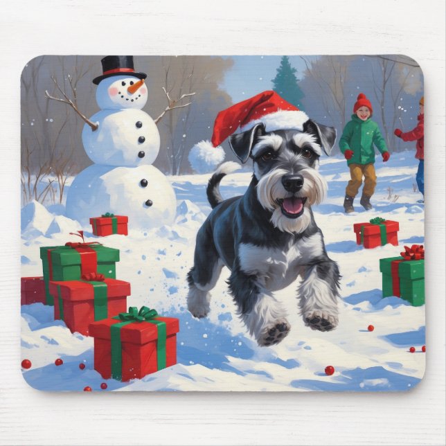Mousepad Schnauzer Correndo na Neve com Chapéu de Natal (Frente)