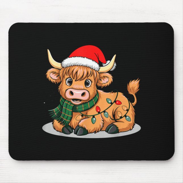 Mousepad Scottish Highland Cow Christmas Lights Xmas Party  (Frente)