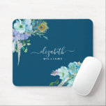 Mousepad Script Botânico de Folhagem de Casa Azul de Marinh<br><div class="desc">Placa do mouse com script botânico de imagem azul de Marinho floral</div>