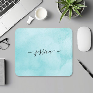 Mousepad Script de Caligrafia Aqua Watercolor Chic