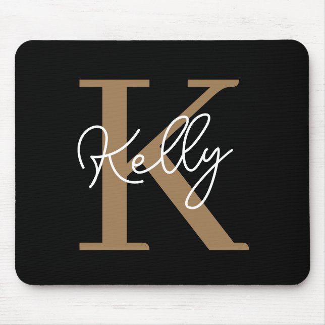 Mousepad Script de Monograma Dourado Preto Moderno (Frente)