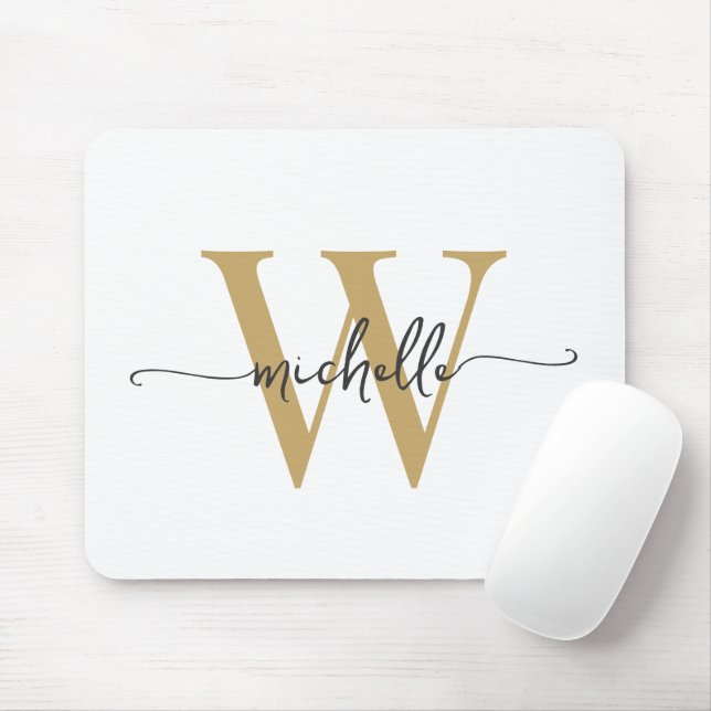 Mousepad Script de Nome do Monograma Dourado Branco Girly E (Com mouse)